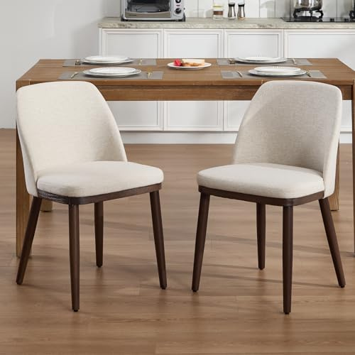 Ya-Home Set di 2 Sedie Sala da Pranzo, Sedia da Cucina di Lino con Schienale, Poltroncine da Pranzo con Gambe in Legno per Sala da Pranzo/Soggiorno/Ristorante, Beige