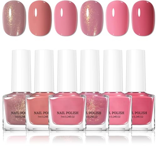 Pink Nail Polish Sets - 6 * 7ml Mini Nail Varnish Set - Nude Pink Glitter nail Varnish - 60 Seconds Quick Dry Nail polish - Neutral & Natural Colour nail Polish Non Chip Long Lasting for Women Girls