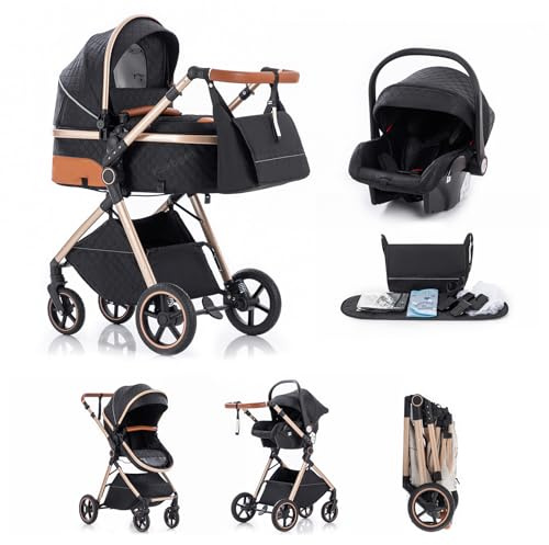 Kakbgee Cochecito 3 en 1 con Silla de Coche, Carrito bebé Plegable, Manillar 7 Alturas, Suspensión 4 Ruedas, Funda de Lluvia y Mosquitera, Sistema de Viaje para Recién Nacidos 0-3 Años (15kg), Negro
