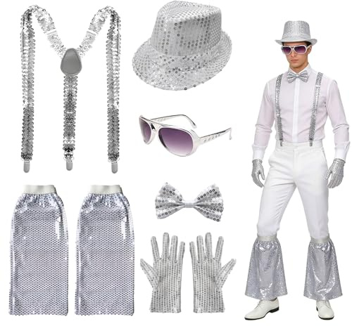 Glitzer Outfit Herren Accessoires 70er & 80er Jahre Pailletten Disco Kostüm Silber mit Hut, Fliege, Hosenträger, Handschuhen, Beinlingen, Sonnenbrille für Karneval, Fasching, Mottoparty und Bühne