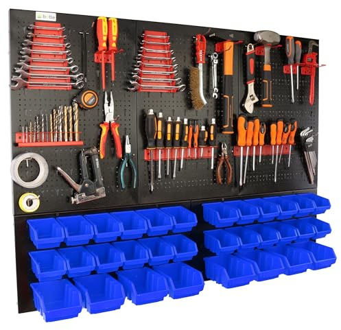 botle Panneau à outils mural perforé en métal, boîtes empilables + étagère murale + porte-outils, ensemble de 59 pièces, pour petites pièces, atelier mural avec 32 récipients empilables bleus, étagère