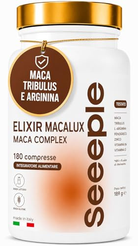 ELIXIR MACALUX – Integratore Alimentare con Maca Peruviana, Tribulus Terrestris, L-Arginina, Fieno Greco e Zinco per Energia e Vitalità – 180 Capsule – Senza Glutine e Lattosio – Made in Italy