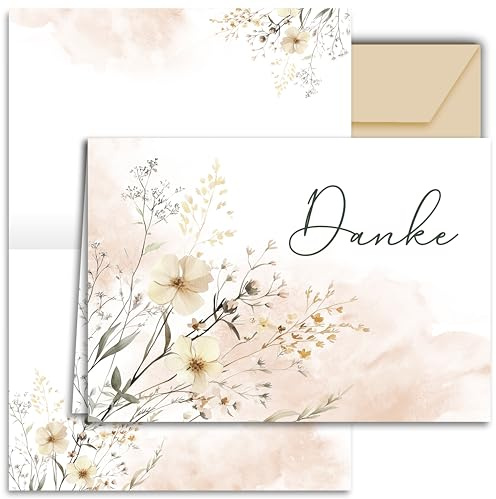 E&G Klasse 10x Dankeskarten Beige Blümchen mit Umschlägen Erwachsene Danksagungskarte Blumen Motiv Klappkarte Aquarell Abschied Trauer Geschenk Danke