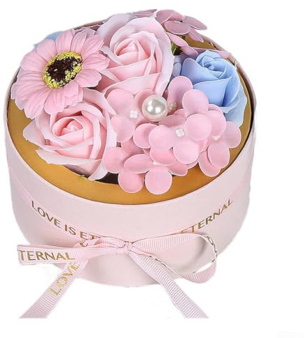 Bouquet de fleurs de savon fait à la main dans une boîte ronde élégante et parfumée à la rose pour salle de bain, coiffeuse ou cadeau de fête des mères, motif floral de luxe (pêche)