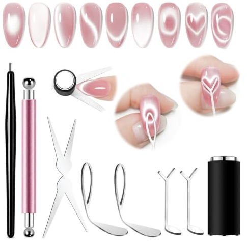 Glamoreal Magnet-Set für Katzenaugen-Nägel, Herz-Katzenaugen-Magnetwerkzeug, 3-in-1-Zylinder-Katzenaugen-Magnet mit Kugelmagneten, Magnet-Nagelkunststift, Magnet-Schablonen