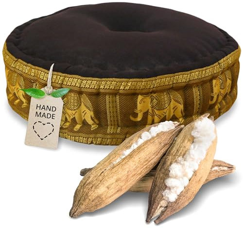livasia meditation cushion with Thai silk - Ø 18x6″ - Yoga cushion kapok, Pouffe, Floor cushion yoga Zen meditation, Seat cushion garden balcony, Zafu (Brown/Gold/Elephants, Silk)