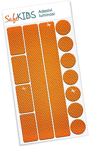 Adesivi luminosi SafeKIDS, ARANCIONE, 13 adesivi per passeggino bici caschi e tanto altro ancora