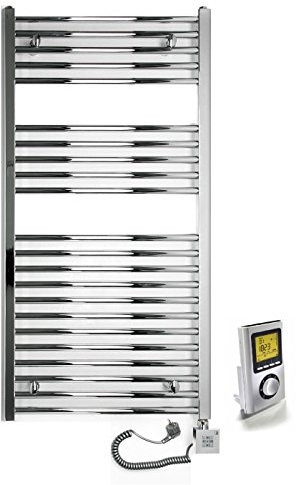 Radiateur sèche-Serviette électrique 600 W - 1175 H x 500 L - Chromé Droit + Thermostat d'ambiance Programmation hebdomadaire