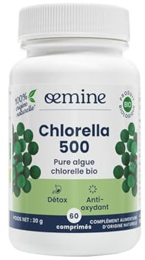 Oemine Chlorella Bio 500g 60 Comprimés - Chlorelle Complément Alimentaire d'Origine Naturelle (20 jours) - Algues Pures, Vitalité & Détox - Source de Vitamines et Protéines Essentielles