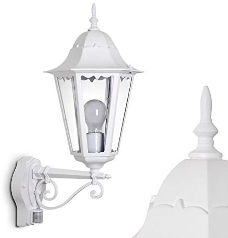HOFSTEIN Außenwandleuchte Hongkong, Außenwandlampe mit Bewegungsmelder aus Metall/Glas in Weiß/Klar, Wandleuchte Up im Retro/Vintage-Design, E27, IP44, Eingangsbereich, Terrasse, Haustür, Hof