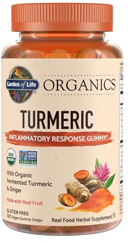 Garden of Life Organics Turmeric Inflammatory Response Gummy - 120 Real Fruit Gummies for Kids & Adults, 50Mg Curcumin (95% Curcuminoids), No Added Sugar, Organic, Non-GMO, Vegan & Gluten Free