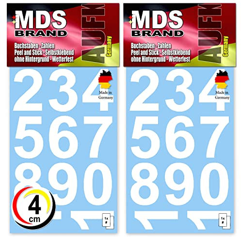 MDS Brand 4cm Zahlen Aufkleber Weiss | Selbstklebende Klebezahlen | Vinyl Hausnummern zum Aufkleben für Briefkasten, Mülltonnen, Hausnummer für Außen & Innen Peel (4cm, Weiss)