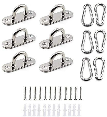 HOMPER 6Pcs M5 304 Stainless Steel Oblong Pad Eye Plate and 6Pcs Carabiner Clips, Marine Hardware Staple Hook Loop with 12 Screws and Plastic Plugs