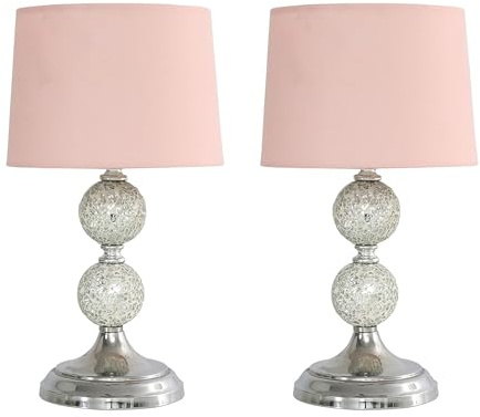 MiniSun | Modern Chrome and Mosaic Glass Table Lamps with Pink Shades | Table Lamps, Home Décor & Improvement Essential | Set of 2