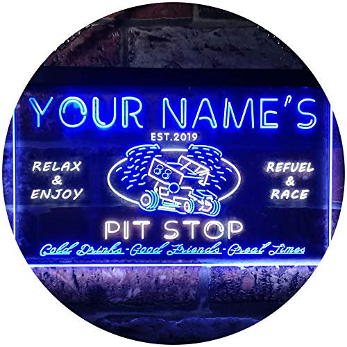 ADVPRO Personalized Your Name Est Year Theme Pit Stop Game Room Garage Dual Color LED Barlicht Neonlicht Lichtwerbung Neon Sign Weiß & Blau 300 x 210mm st6s32-pu1-tm-wb