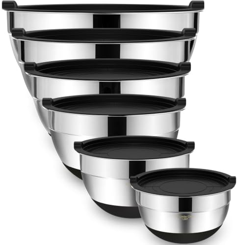 Umite Chef Mixing Bowls with Airtight Lids，6 piece Stainless Steel Metal Nesting Storage Bowls, Non-Slip Bottoms Size 7, 3.5, 2.5, 2.0,1.5, 1QT, Great for Mixing & Serving(Black)