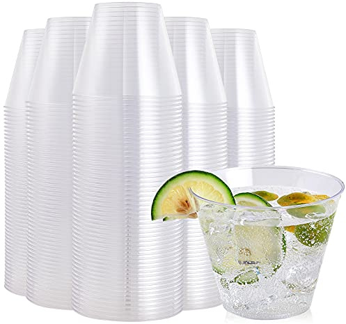 FOCUSLINE 9 oz Clear Plastic Cups, Disposable Heavy Duty Hard Plastic Cups, Reusable, 200 Count