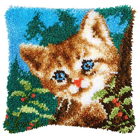 HuaHong Knüpfkissen Zum Selber Knüpfen, 43cm Kissenbezug Knüpfhaken Knüpfen Set, DIY Knüpfen Kissen für Kinder und Erwachsene (Color : Kitten)