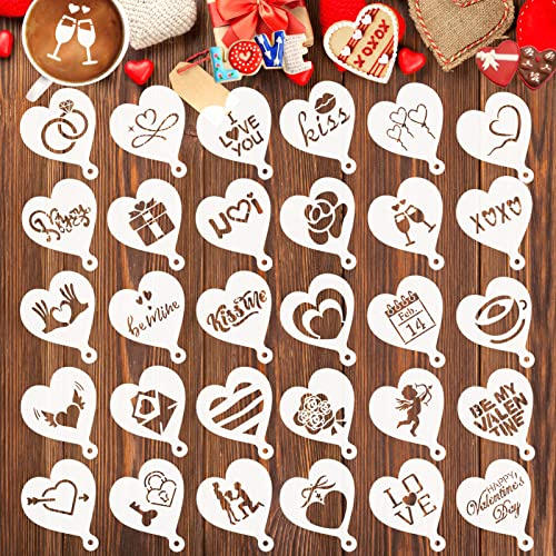 MWOOT 30 Stücke Valentinstag Kaffee Schablonen Stencil, Valentine's Day Wiederverwendbar Kuchenschablone Cookie Painting Template, DIY Kaffee Zubehör für Cappuccino Kakao Latte Brot Dekoration