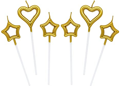 2 pcs Candeline Compleanno a Cuore 4 Pcs Particolari Candele di Compleanno a Forma Stellare per Decorazione della Torta di Feste di Compleanno e Matrimonio,Oro