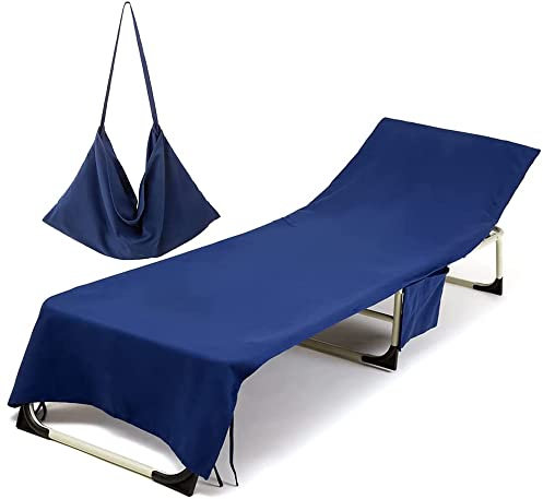 Morbuy Portable Solid Color Beach Towel, Beach Chair Cover Towel, Sun Lounger Beach Towel with Pockets, Microfiber Chaise Lounge Towel Cover for Summer Outdoor Garden Pool Vacation Travel (Dark Blue)