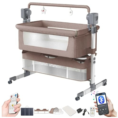 Lettini con sbarre Lettini da Affiancare Culla per bambini Regolabile Multifunzionale Baby Bassinet Bambino Dormitore Portatile Baby Swing con Bluetooth Music 5 Swaying Gears Telecomando (Khaki)