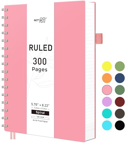 RETTACY A5 Notebook, Notepad, Wirebound Spiral Notebooks 300Pages /150 Sheets for Writing,100gsm College-Ruled Paper, Flexible Plastic Cover, for Women Men Work Office School,14.5 x 21cm - Pink