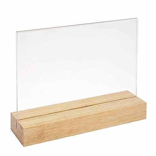 Doppelseitiger Tischkartenhalter DIN A5 Quer Fuß aus hellem Bambus + Acryl | 2-teilig, Tasche aus echtem Acrylglas glarklar, Einsteclfuss aus Bambus, Tasche mit Schutzfolie, Einfacher Blattwechsel