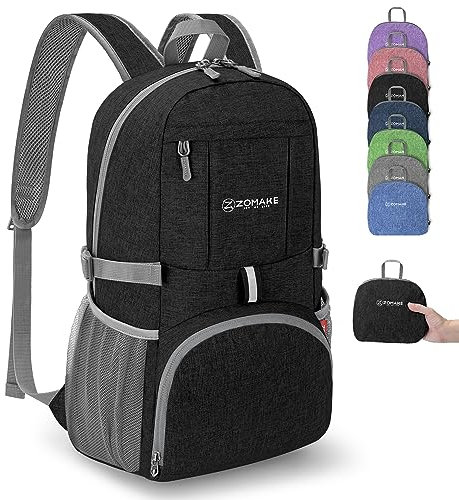ZOMAKE Bag Faltbarer Rucksäcke 25L Kleiner - Daypack Faltbar für Damen Herren,Leichter Rucksack für Reisen Wandern Sport und Fahrrad(Schwarz)