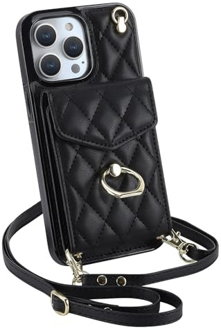Ykerey Hülle für iPhone 13 Pro Max hülle mit Band Kette Schutzhülle mit Kartenfach PU Leder Metall Ring Halter RFID Standfunktion Brieftasche Cover für iPhone 13 Pro Max, Schwarz