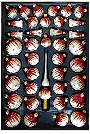 Christbaumschmuck 40-TLG.Set in Bordeaux -Rot und Eislack-Gold bemalt, Lauscha, Exclusiv