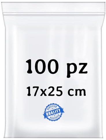 BUY SAFE - Sacchetti Plastica Richiudibili, Sacchetti Ermetici per Alimenti, Vestiti e Oggetti con Chiusura a Cerniera, Buste Trasparenti Richiudibili Resistenti e Riutilizzabili, 17x25-100 Pz