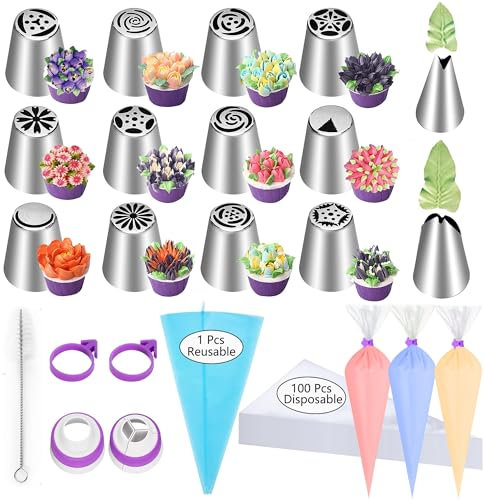 GZMAISULEE Lot de 120 poches à douille et embouts 35,6 cm, 100 poches à pâtisserie, kit de décoration de cupcakes, cookies, gâteaux, 12 douilles de glaçage en forme de fleur, 2 douilles en forme de