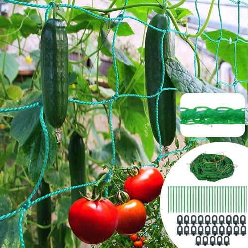 Filet pour Concombre 5 m x 2 m, Filet Jardin Treillis, Filet Plante Grimpante Exterieur, pour Concombres, Tomates, Plantes Grimpantes, avec 25 Clips de Serre et 50 Attaches pour Plantes.