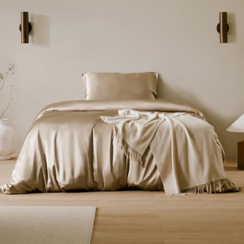 LilySilk 100% Maulbeere Seide Bettwäsche-Set 2 teilig Bettbezug 135x200cm Kissenbezug 80x80cm Unifarben 19 Momme Hypoallergen Super weich und atmungsaktiv,Taupe