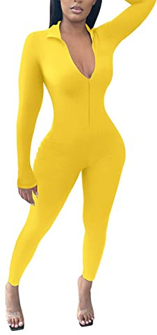 BIISDOST Women's Jumpsuit Sport Yoga Gym Fitness Bodycon Long Sleeve Stretch Jumpsuit Romper Sexy Slim Fit Trouser Suit Sports Suit, yellow, M