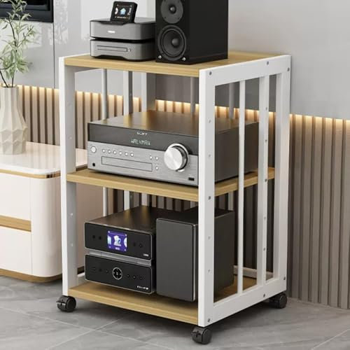 ZIUSFAC Audio Meuble Rack HiFi Appareils DAC Armoire De Composants Support AV Media Meuble Chaine 2/3/4/5 Couches Tour De Support Audio avec Étagères Réglable - Blanc(White+Walnut,3 Tier)