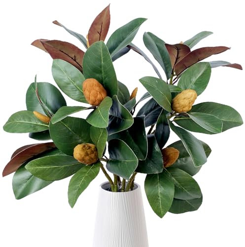 Künstliche Magnolie, 81,3 cm lang, künstliche Magnolienblätter, Zweige, Herbstgrün, 3D-Kunststoffdruck, Zimmerpflanze für drinnen und draußen, Zuhause, Hochzeit, Tafelaufsatz, Dekoration, 4 Stück