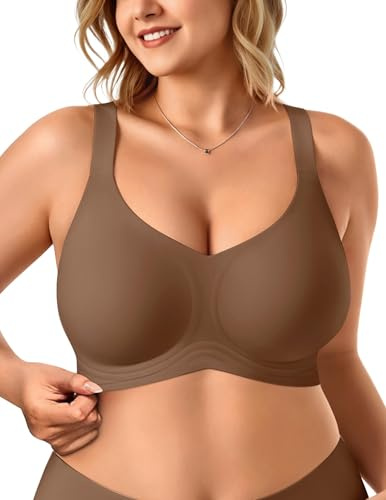 Vertvie Sömlös bh för kvinnor utan bygel, push-up, V-ringning, mjuk, bygellös, stora storlekar, vadderad bralette, komfort, t-shirt, halsduk-BH med förlängning, BRUN, XL