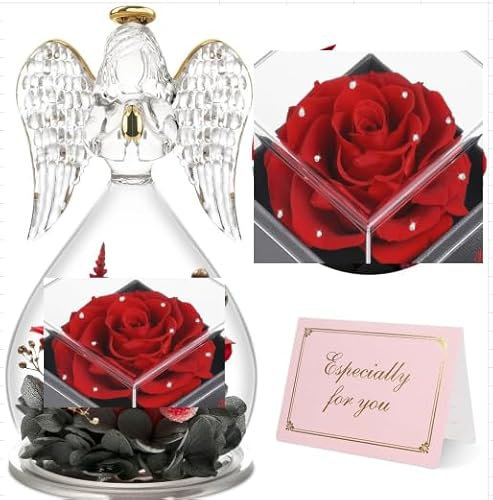 Ewige Rose Engel Figur, Geschenke für Mama, Ewige Rose im Glas, Geschenke für Frauen, Echte Rot Rosen mit Kristall, Ewige Rose im Glas Schutzengel,Mutter Geschenk,Geburtstag,Weihnachten,Valentinstag