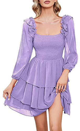 Robe pour femme en mousseline de soie - Robe violette - Costume de carnaval - Robe blanche - Couleur unie - Col carré - Coupe ajustée - Manches longues - Robe de gâteau - Printemps d'été, lilas, XL