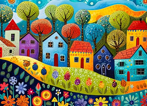Bullglesup Jigsaw Puzzles for Adults 1000 Pieces, Painting Houses with Poster Interlock Perfectly Letter on Back No Dust, Home Decor Birthday Party Gift Toy for Men Women Elders Seniors (27.5x19.6)