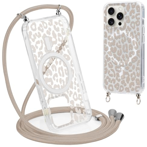 Coalbooliy Handykette Handyhülle für iPhone 16 Pro Hülle 6,3 mit Band Cover Kompatibel mit Magsafe, Transparent Aesthetic Leopard Muster Cover mit Kordel zum umhängen Case Stoßfest, 01