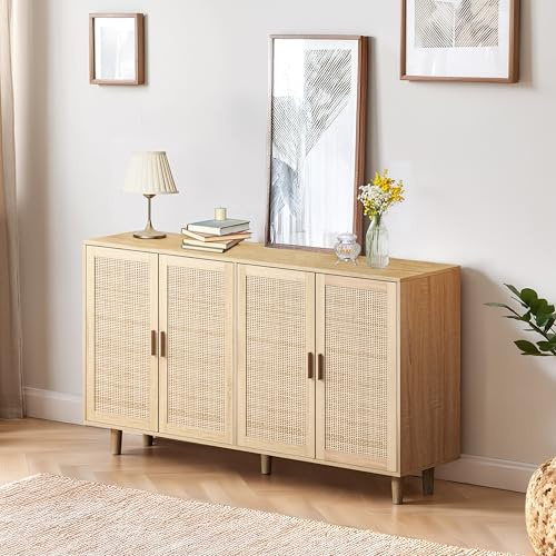 Marooma 158 cm Rattan-Sideboard 4-Türen, Küchenschrank verstellbare Regale, Boho-Design für Schlafzimmer, Wohnzimmer, Büro, einfach montieren (158 x 40 x 88 cm)