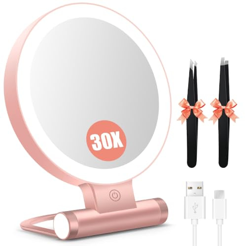 B Beauty Planet 30X/1X Kompaktspiegel mit Beleuchtung | Einstellbare Helligkeit, Doppelseitiger, 3-Farben-Licht, 2000mAh, Klappbar, Für Zuhause & Reisen
