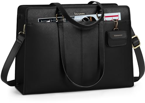 RAINSMORE Bolso Portátil 15.6 Pulgadas Mujer, Maletín de Trabajo Elegante en Cuero PU Impermeable, Bolso de Hombro Tipo Tote para Universidad y Oficina, Bolsa Bandolera Grande, Negro