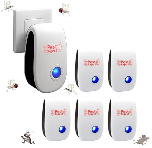 Repelente Ultrasónico de Plagas 6 Pack, Electrónico Anti Mosquitos Ratones Cucarachas, Exterminación de Roedores, Cucarachas, Moscas y Mosquitos en Interiores, para Casa, Oficina, Garaje