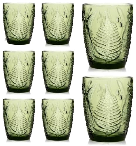 Vintage Green Drinking Glasses Set of 8 – 10 oz Embossed Textured Glass Cups, Retro Style Colored Drinkware for Water & Cocktails, Durable Decorative Kitchen Glassware, Unique and Cute Hostess Gift