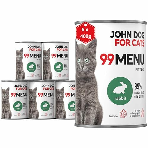 Katzennassfutter ohne Zucker und Getreide - Kaninchen & Huhn - Katzenfutter Nass mit 99% Fleischanteil - Nassfutter mit 100% frischen Zutaten für Kätzchen - John Dog for Cats 99 MENU - 400g x 6