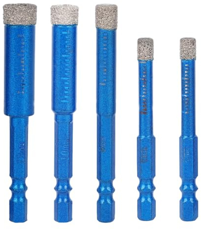 5pcs Diamond Drill Bit Set, Blue Diamond Drill Bits 1/4 5/6 3/8 1/2 Tip Hole Saw 1/4in Hex Shank Core Hole Saws for Ceramic Porcelain Tile Glass Granite Marble Brick & Stone